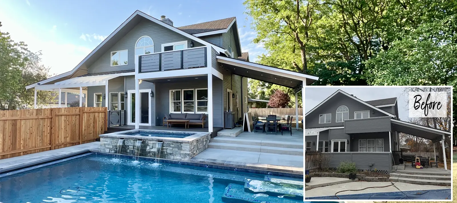 before and after of patio and pool
